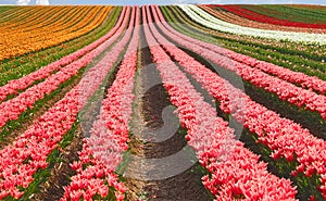 Sea of flowers from colorful blooming tulips with waves on a field